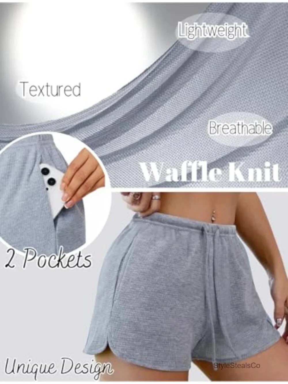 Waffle Knit Pajama Shorts with Pockets Adjustable Drawstring Lounge Bottoms